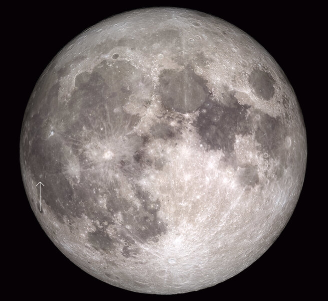 Composite image of the full Moon made from Lunar Reconnaissance Orbiter images, with the location of Reiner Gamma arrowed (the crater Reiner is just to the right). Credit: NASA's Scientific Visualization Studio
