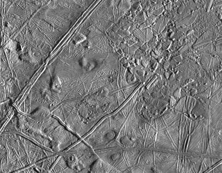 The Galileo spacecraft saw cracks and fissures in this "chaotic" region of Europa, evidence of a liquid ocean under the surface. Credit: NASA/JPL/ASU