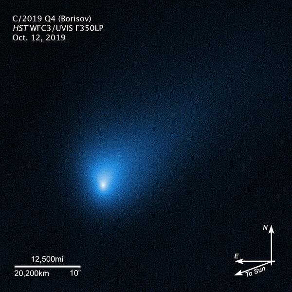 Hubble Space Telescope image of the comet 2I/Borisov (formerly C/2019 Q4 (Borisov)). The blue color was added to a grayscale image. 
