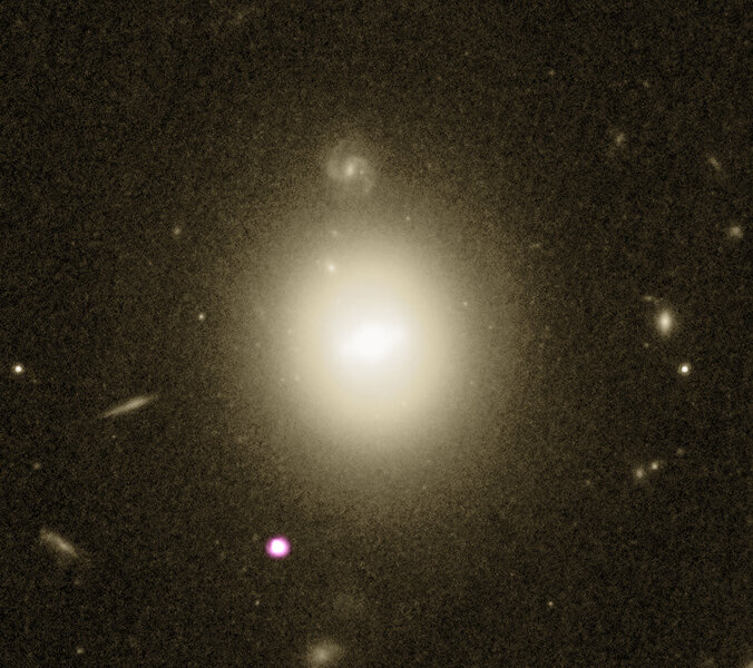 A Hubble observation of the galaxy 6dFGS gJ215022.2-055059 (the large fuzzy object centered) from 2003 showed a blob, likely a star cluster or core of another galaxy, near its own core.