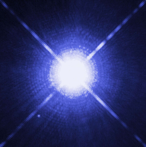 Hubble image of Sirius, showing the bright normal star and, to the lower left, its white dwarf companion, the nearest known of its kind. Happily, they are too far apart to become a nova or supernova.