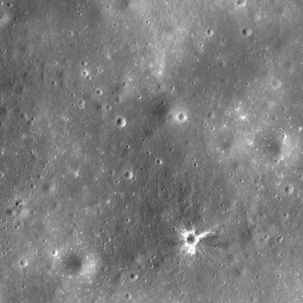 Animated GIF showing an LRO image of an area near Descartes carter of the moon, showing fresh (green circles), intermediate (orange), and old eroded craters (blue). Credit: NASA/GSFC/Arizona State University