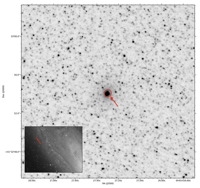 The object J0045 (arrowed) can be seen in a Hubble image of this part of the Andromeda Galaxy, while the location of the X-ray source is circled. Inset, a wider view of the location of this image in the Andromeda (indicated by red square).
