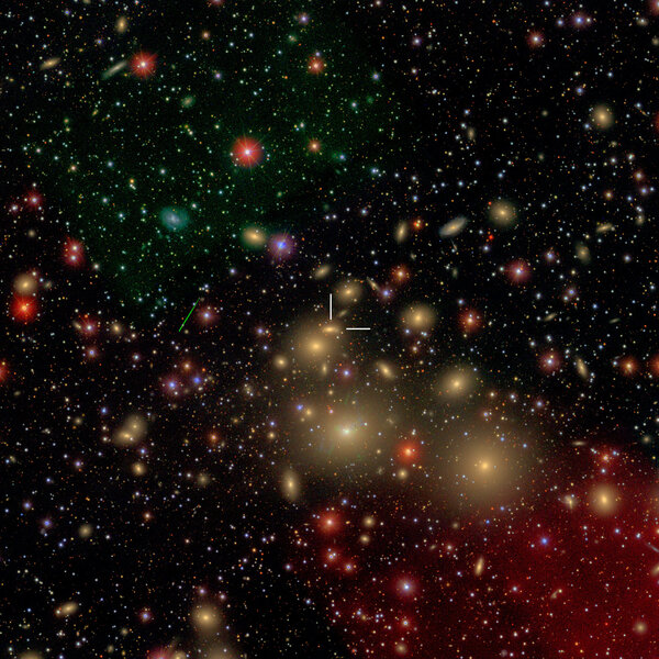 NGC 1277 is in the Perseus cluster of galaxies, and is marked. Note how much larger the other galaxies are. 