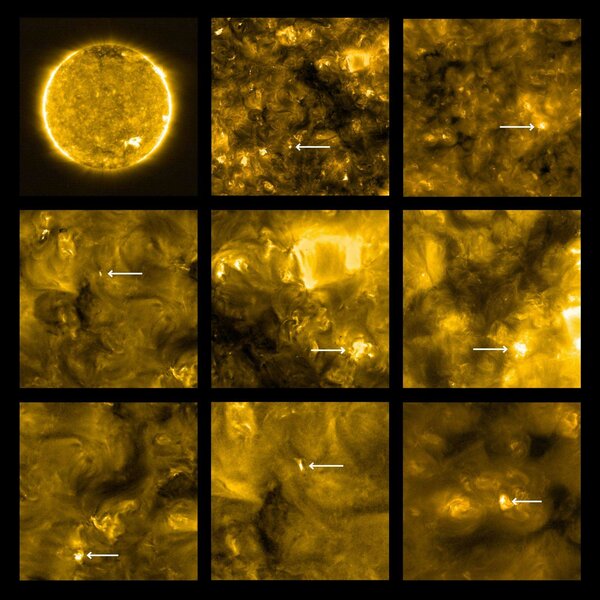 Images from Solar Orbiter reveal many small “campfires” on the Sun (arrowed), what may be miniature versions of much larger solar flares. Credit: Solar Orbiter/EUI Team (ESA & NASA); CSL, IAS, MPS, PMOD/WRC, ROB, UCL/MSSL