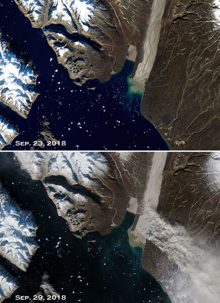 An image from NASA’s Terra satellite compares an area of Greenland (top, taken on Sep. 23, 2018) to the same area taken by ESA’s Sentinel-2 satellite (bottom) during a dust storm of glacial flour blown by high winds.