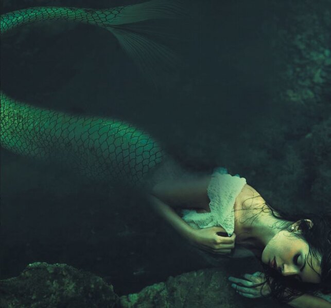 A mermaid rests on a rock 