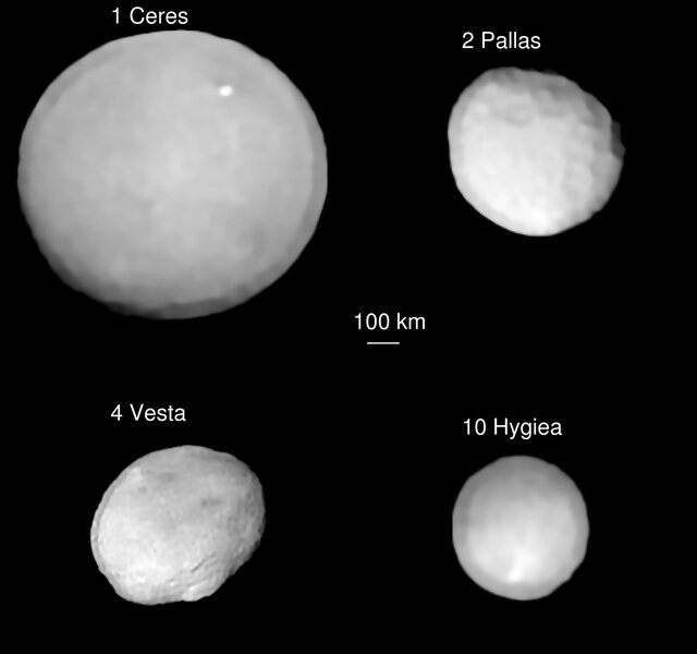 Observations using SPHERE on VLT of (clockwise from upper left and to scale): Ceres at 940 km, Pallas at 520 km, Hygiea at 430 km, and Vesta at 570 km. Credit: ESO/P. Vernazza et al., L. Jorda et al./MISTRAL algorithm (ONERA/CNRS)