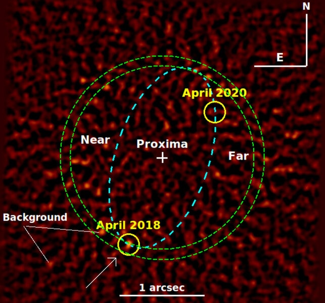 A planet orbiting Proxima Centauri? A combination of five images from the Very Large Telescope shows a blip of light (arrowed) where a planet was predicted to be, but cannot yet be confirmed. Details are in the text. Credit: Gratton et al. 