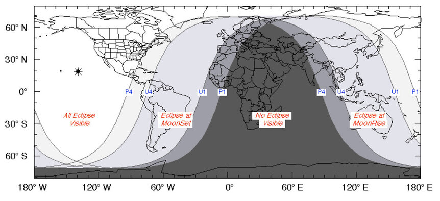 Map of visibility for lunar eclipse Nov 18/19 2021