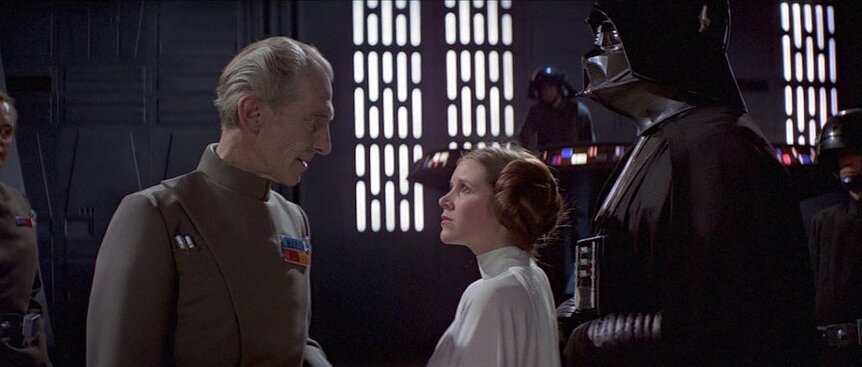 Grand Moff Wilhuff Tarkin and Princess Leia in Star Wars: Episode IV – A New Hope