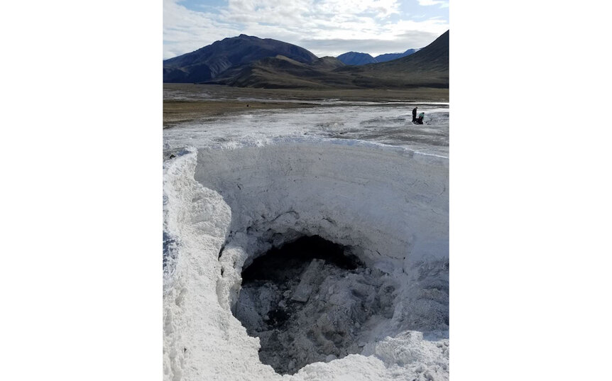Salt deposits around an opening in Lost Hammer Spring