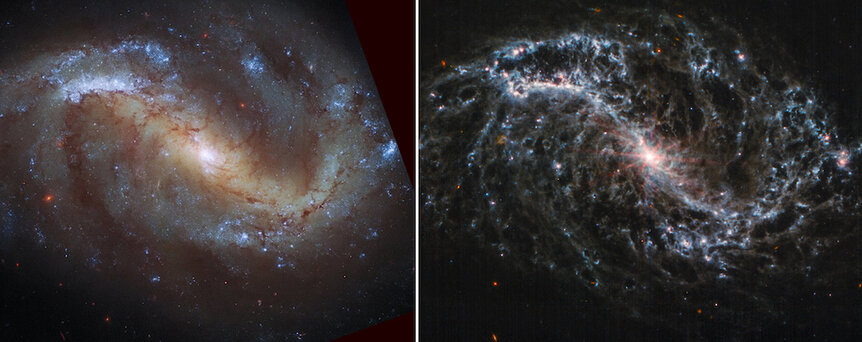 A side-by-side view of NGC 7496 shows Hubble (left) versus JWST (right).