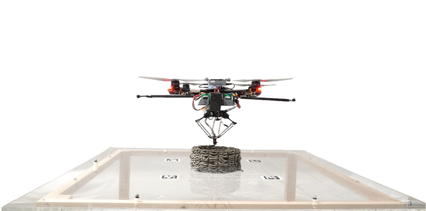 Illustration of 3D printer drones carrying concrete