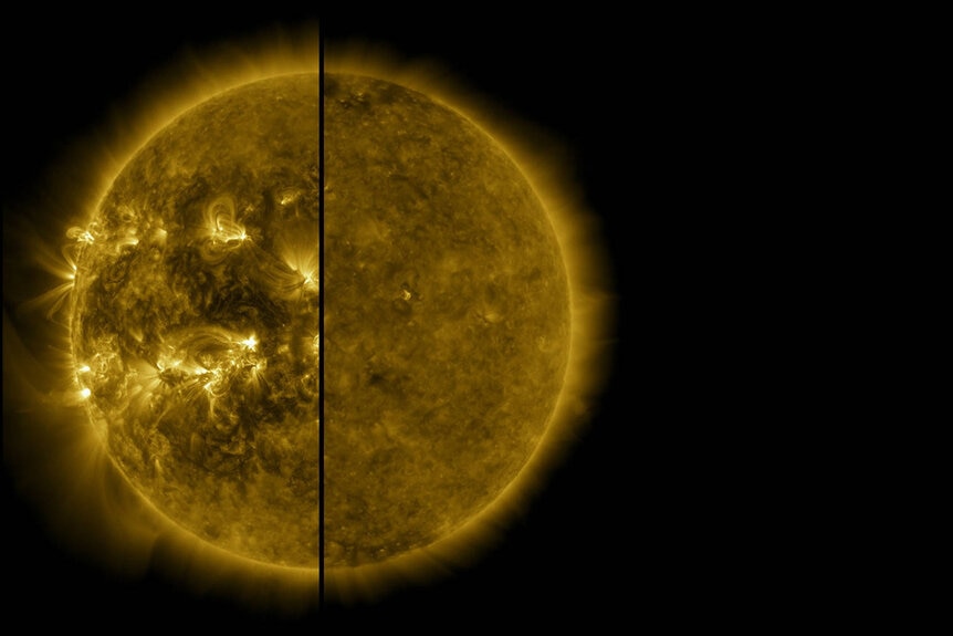 This split image shows the difference between an active Sun during solar maximum (on the left, captured in April 2014) and a quiet Sun during solar minimum (on the right, captured in December 2019).