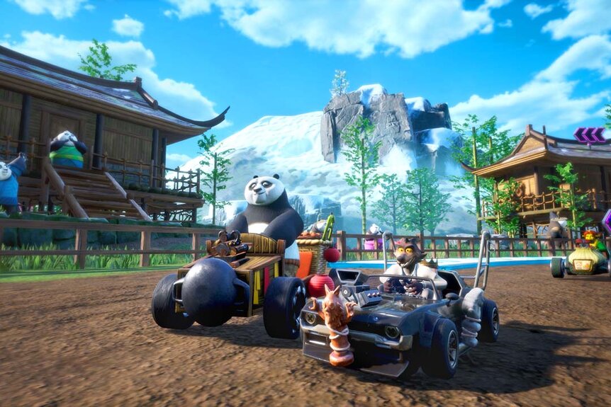 A still image from Dreamworks All-Star Kart Racing game featuring Po and Mr. Wolf on karts