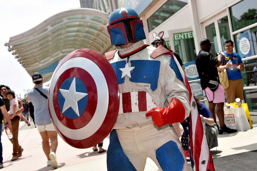 A Boba Fett/Captain America cosplay at San Diego Comic-Con 2023 Day 3