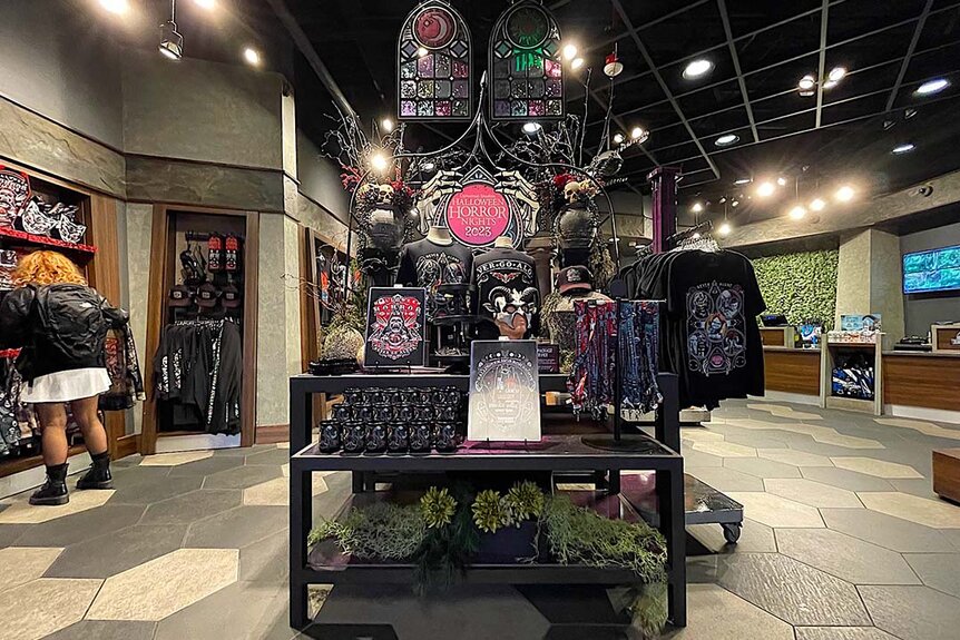 A merch display at Halloween Horror Nights 2023 at Universal Studios Hollywood.
