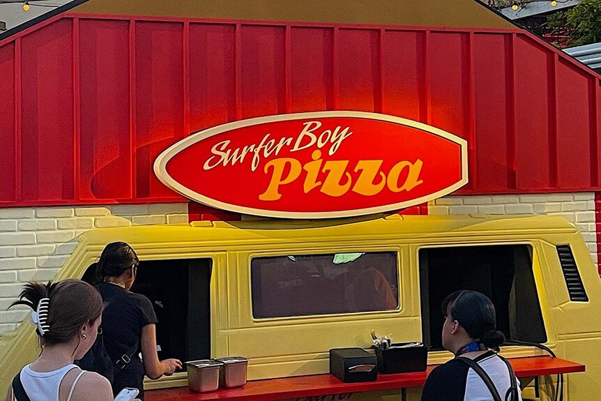 The exterior of Surfer Boy Pizza at Halloween Horror Nights 2023 at Universal Studios Hollywood.