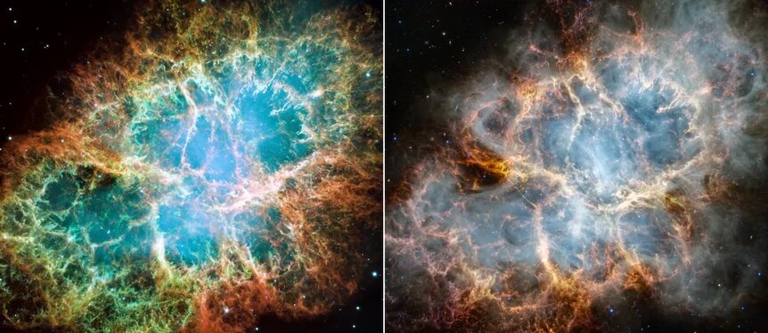 Side by side comparison of Hubble and JWST images of the Crab Nebula.