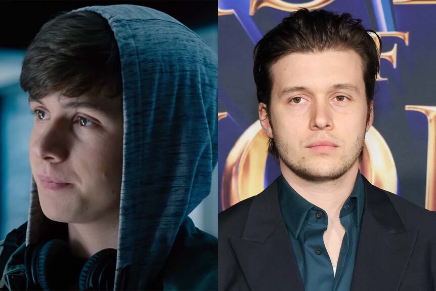 A split of Nick Robinson in Jurassic World (2015) and Nick Robinson in 2023.