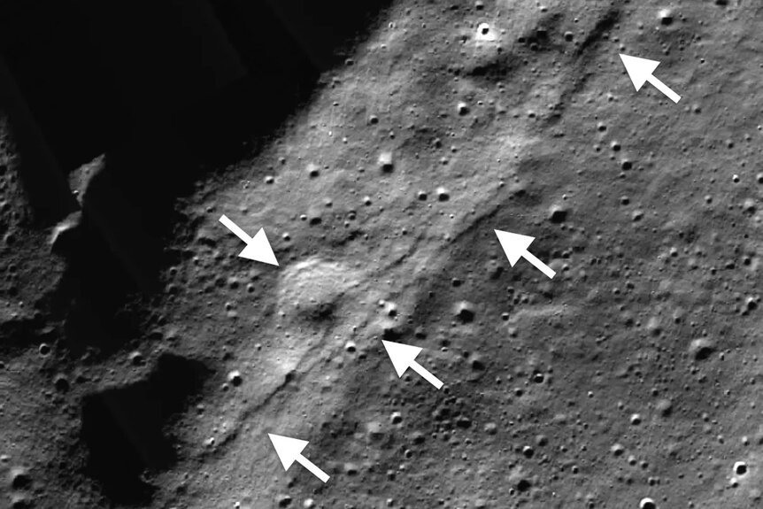 The surface of the moon with fault lines illustrated and highlighted.