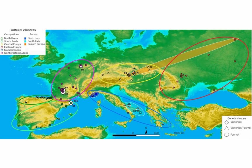 Map of Europe showing the location of human remains attributed to the Gravettian