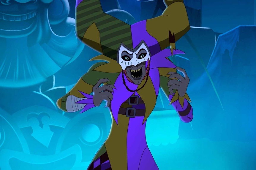 Reveller laughs in their jester costume in Fright Krewe Season 2 Episode 3.