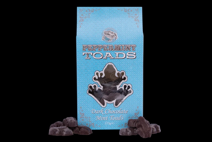A package of Peppermint Toads Chocolate.