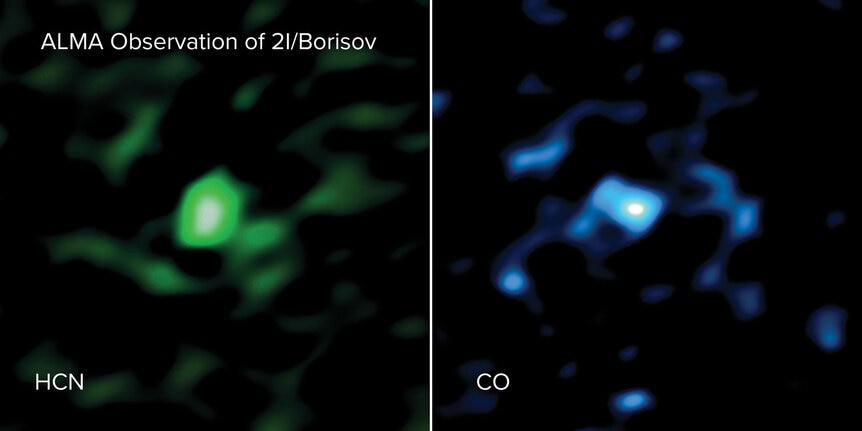 ALMA observations of the interstellar comet 2I/Borisov revealed the presence of the molecules hydrogen cyanide (left) and carbon monoxide (right). The amount of CO is much higher than in solar system comets.
