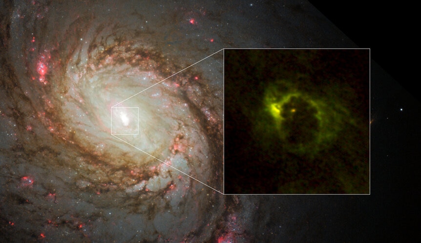 M 77 looks normal in visible light (left), but when you look in the microwave region of the spectrum its true nature as an active galaxy is seen (right). Credit: ALMA (ESO/NAOJ/NRAO), Imanishi et al., NASA/ESA Hubble Space Telescope and A. van der Hoeven