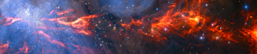 Cold gas and dust in Orion form filaments with bundles of individual “fibers” about a light year long. The four bright stars (left) are the Trapezium, the center of the famous Orion Nebula. Credit:&nbsp;ESO/H. Drass/ALMA (ESO/NAOJ/NRAO)/A. Hacar