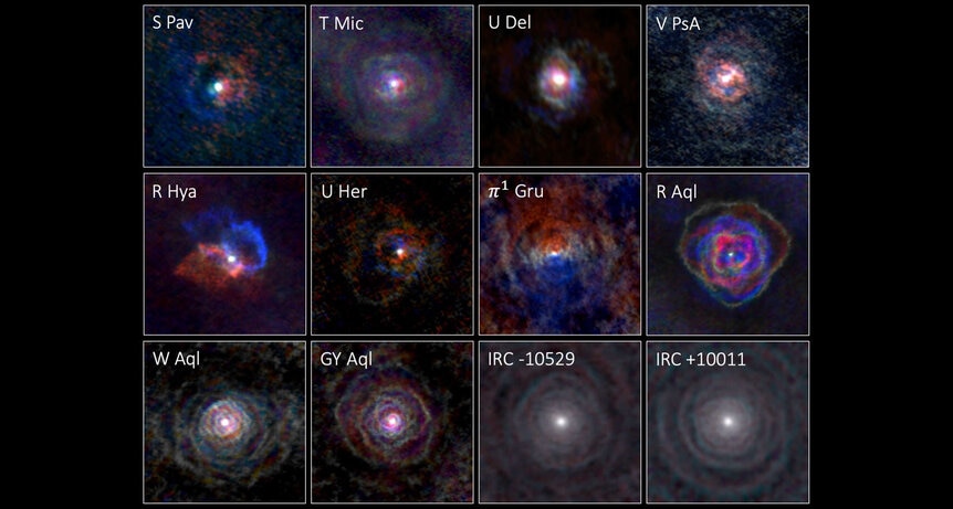 A dozen old red giants observed by ALMA show huge structures of gas around them displaying arcs and spirals. Credit: L. Decin, ESO/ALMA
