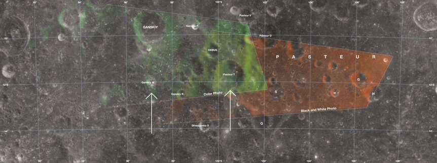 An image of the Moon’s far side showing the locations of craters seen in the Apollo 8 Earthrise photographs (noting what was visible in the first greyscale photo and then the second color one). 