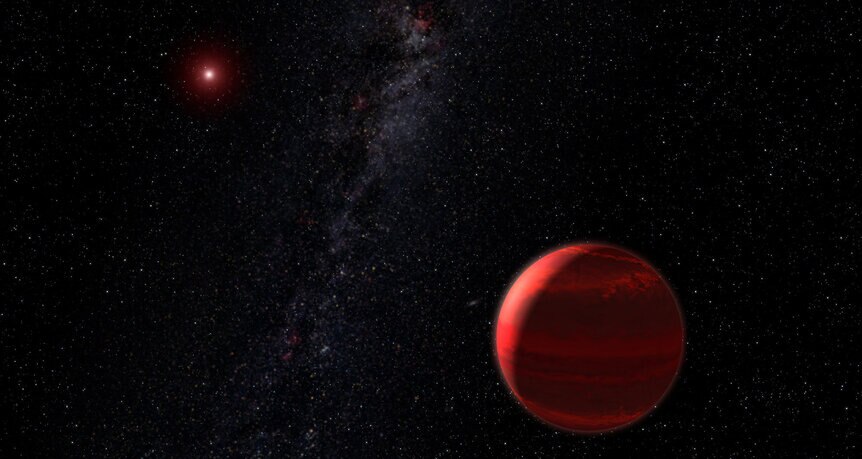 Artwork showing a gas giant planet orbiting a red dwarf. Credit: NASA, ESA, and G. Bacon