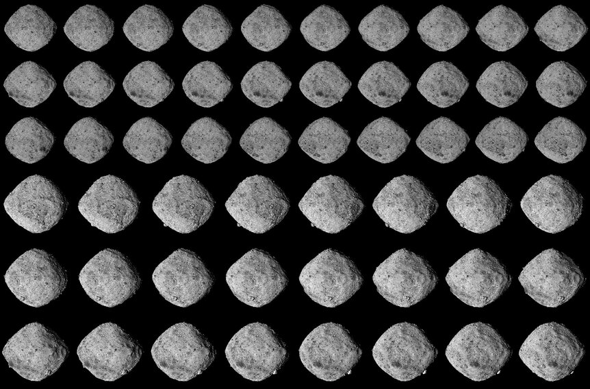 A montage of images of the asteroid Bennu from Nov. 25 - 27, 2018 taken by the OSIRIS-REx spacecraft and contrast enhanced to show details. Credit: Emily Lakdawalla / NASA's Goddard Space Flight Center/University of Arizona