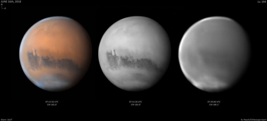 Mars seen from Earth with the dust storm evident.