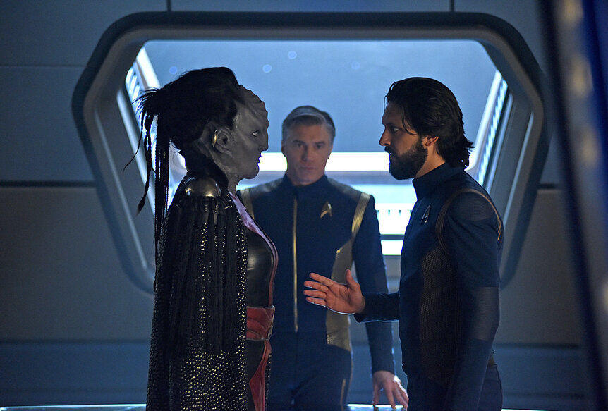Mary Chieffo, Anson Mount, and Shazad Latif on Star Trek: Discovery (Credit: John Medland/CBS)