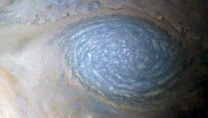 A huge anticylonic storm in Jupiter's southern hemisphere swirls… and it's bigger than our Moon. Credit: NASA / SwRI / MSSS / Gerald Eichstädt / Seán Doran