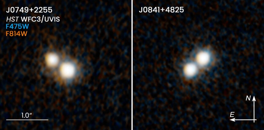 Hubble images of two pairs of potential double quasars. J0749+2255 (left) is a candidate double, while J0841+4825 (right) is highly likely to be a pair of quasars. Credit: NASA, ESA, H. Hwang and N. Zakamska (Johns Hopkins University), and Y. Shen (Univer
