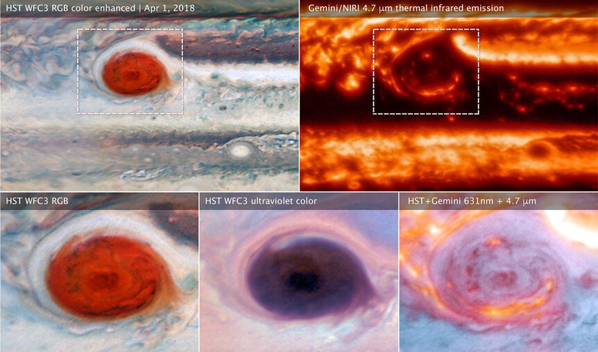 In visible light (left, top and bottom), dark regions can be seen in the Great Red Spot on Jupiter. Adding in thermal infrared light (right, top and bottom) they can be seen to be warm, indicating they’re clear spots in the atmosphere. 