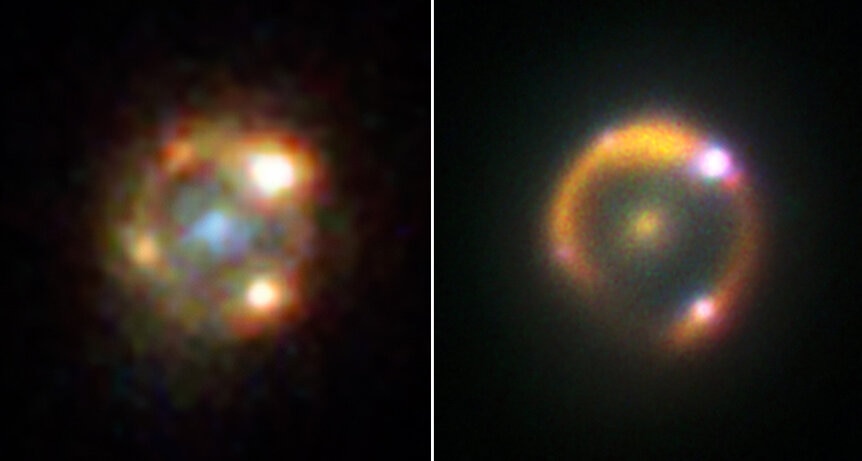 The giant Keck telescope got a similar view of the lensed supernova iPTFgeu in the infrared (right) versus Hubble (left). Credit: NASA/ESA/Hubble &amp; W. M. Keck Observatory