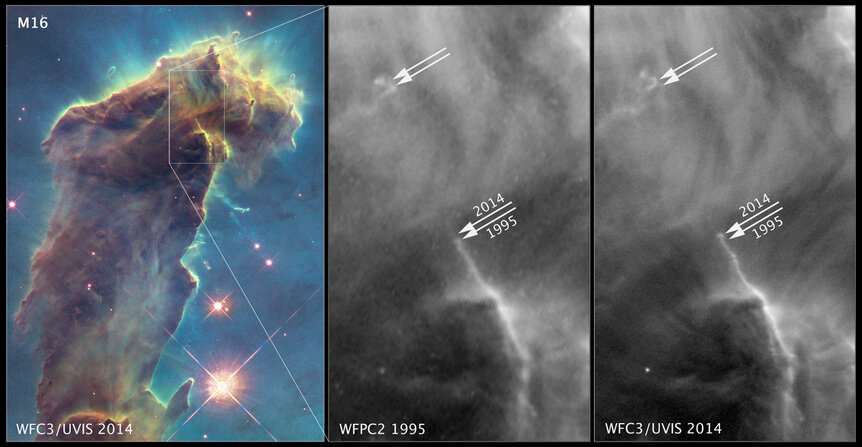 In this detail of the Eagle Nebula, you can see changes in the gas and dust over the 19 years between Hubble observations. Credit: NASA, ESA/Hubble and the Hubble Heritage Team (STScI/AURA)