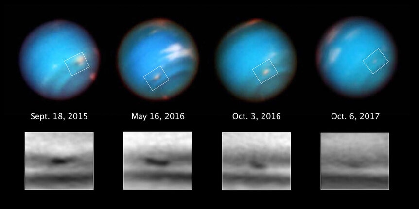 Images taken over 2015 – 2017 shows a dark spot (surrounded by white methane ice clouds) shrinking and fading. Credit: NASA / ESA / M.H. Wong and A.I. Hsu (UC Berkeley)
