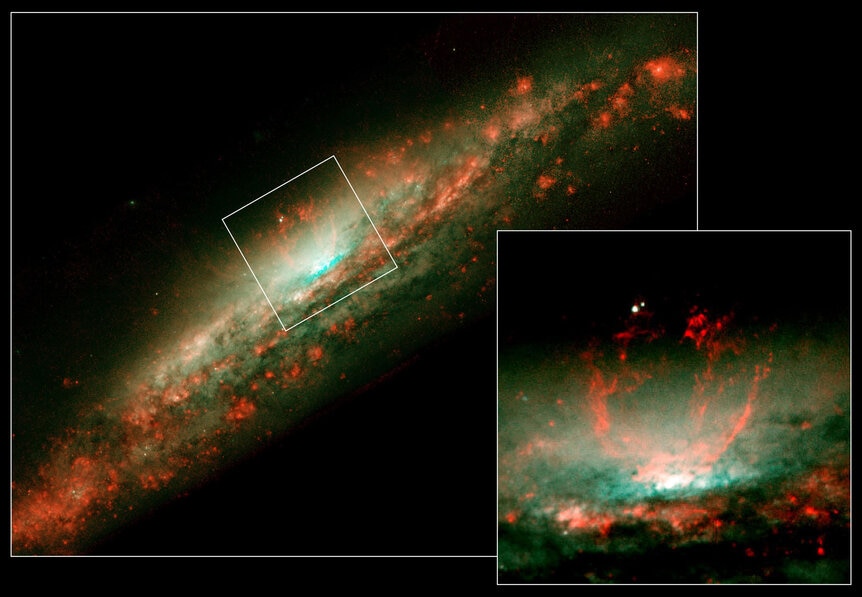 Images in optical light using Hubble show superbubbles in the center of the galaxy NGC 3079 looking more like flames erupting outward, but this is just tracing the optical gas. X-ray observations are needed to show their true nature.