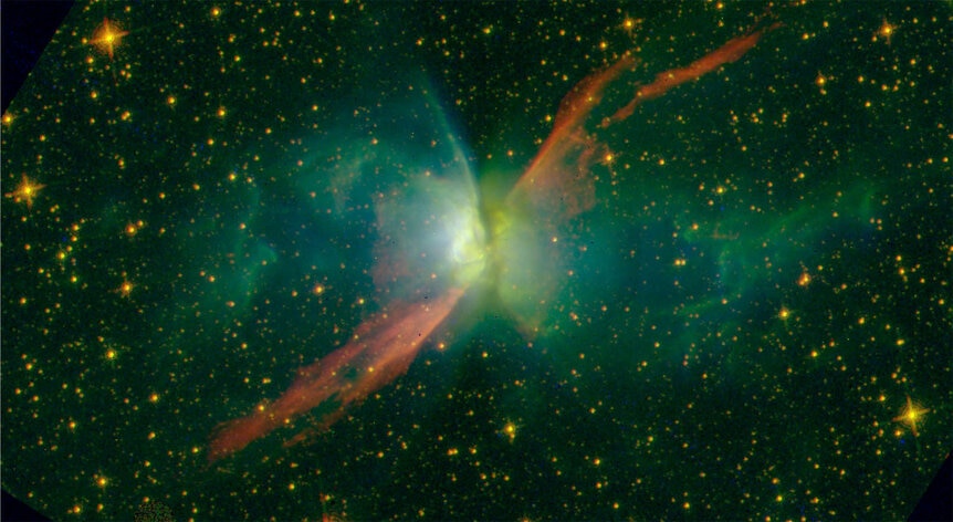 This Hubble image of NGC 6302 shows the glow of neon gas in blue, iron in red, and hydrogen in green. The dot in the center may be the central star, but that has not yet been confirmed. Credit: Kastner et al. 