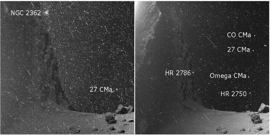 Closeup of images taken of the comet 67/P Churyumov-Gerasimenko show stars in the background. Credit: ESA/Rosetta/MPS for OSIRIS Team MPS/UPD/LAM/IAA/SSO/INTA/UPM/DASP/IDA&nbsp;(processed by Twitter user landru79, annotation by Phil Plait)