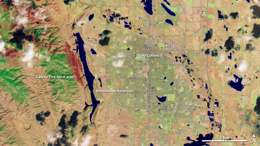 Just north of Boulder is Ft. Collins, Colorado, the scene of a recent wildfire. Credit:&nbsp;USGS/NASA Earth Observatory