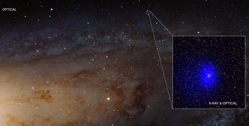 The location of J0045 (seen in X-rays (blue) and optical light) in the outskirts of the Andromeda Galaxy. Credit: X-ray: NASA/CXC/Univ. of Washington/T.Dorn-Wallenstein et al.; Optical: NASA/ESA/J. Dalcanton, et al. &amp; R. Gendler