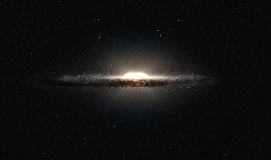 Artwork depicting the double-lobed peanut-shaped Milky Way star bulge. Credit:&nbsp;ESO/NASA/JPL-Caltech/M. Kornmesser/R. Hurt